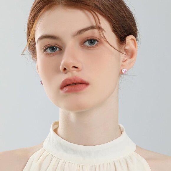 Pink Sterling Silver Heart Cubic Zirconia Stud Earrings for Women - Picture 6 of 7